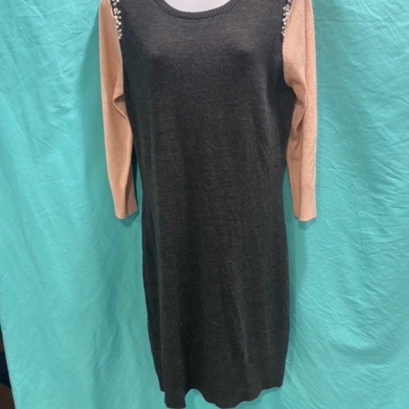 Grey and Pink Sweater Dress with Pearls and Rhinestone Accents - Picture 2 of 16